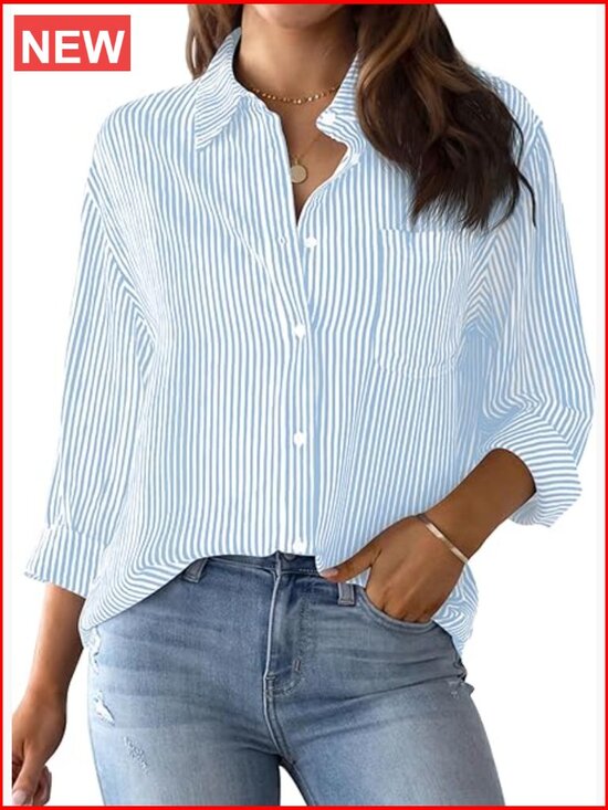 Tops - Long Sleeve Button Down Shirt with Chest Pocket - Classic Fit Work Blouse